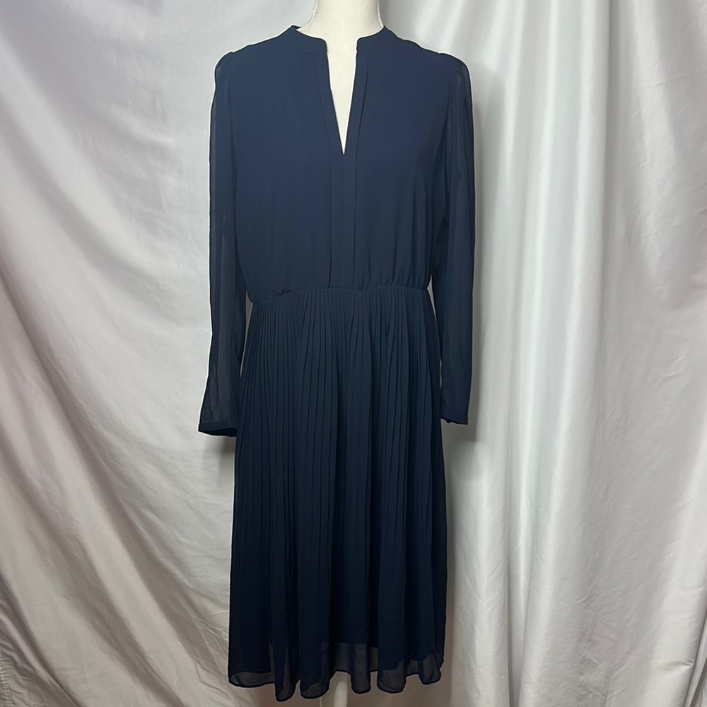 Ann Taylor Navy Blue Dress Sheer Bishop Sleeves